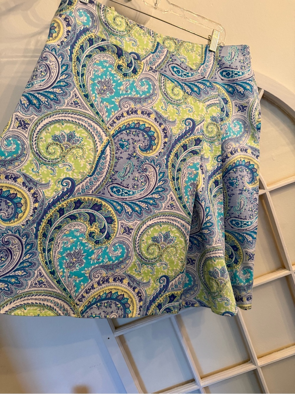 Avenue Paisley A-Line Cotton Skirt Turquoise, Lime, & Navy‎ Plus Size 14 Stretch